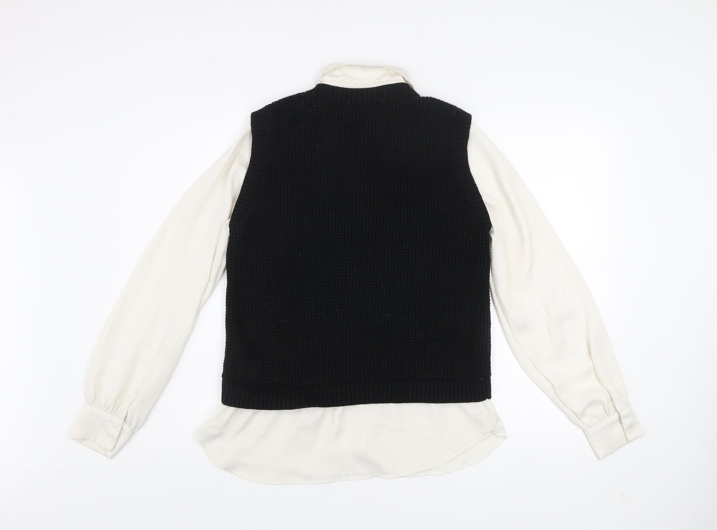 Next Women's Black Collared Layered Knit Blouse Size S Long Sleeve