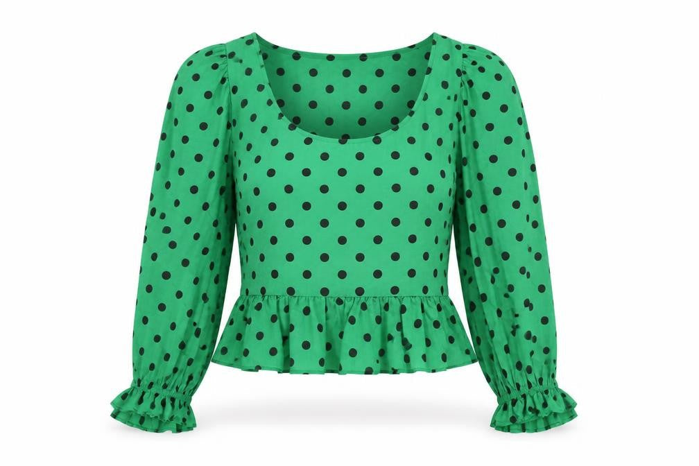 Zara Women’s Green Polka Dot Cropped Blouse Long Puff Sleeve Size S