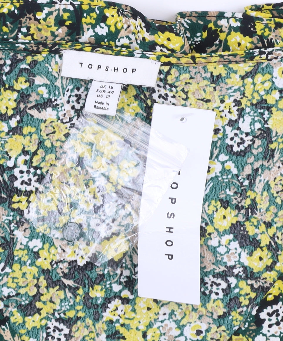 Topshop Women’s Multicoloured Floral Puff Sleeve Cropped Blouse UK16