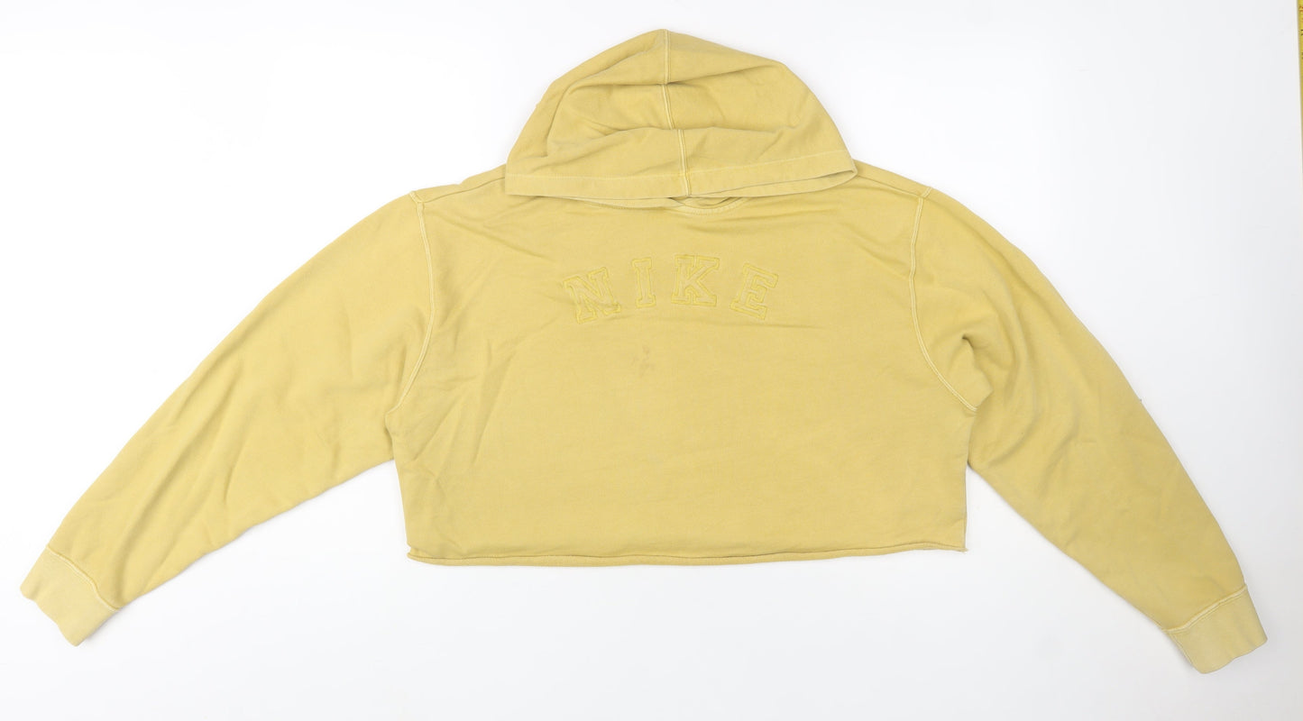 Nike Women’s Beige Cropped Pullover Hoodie L Embroidered Logo Cotton Blend