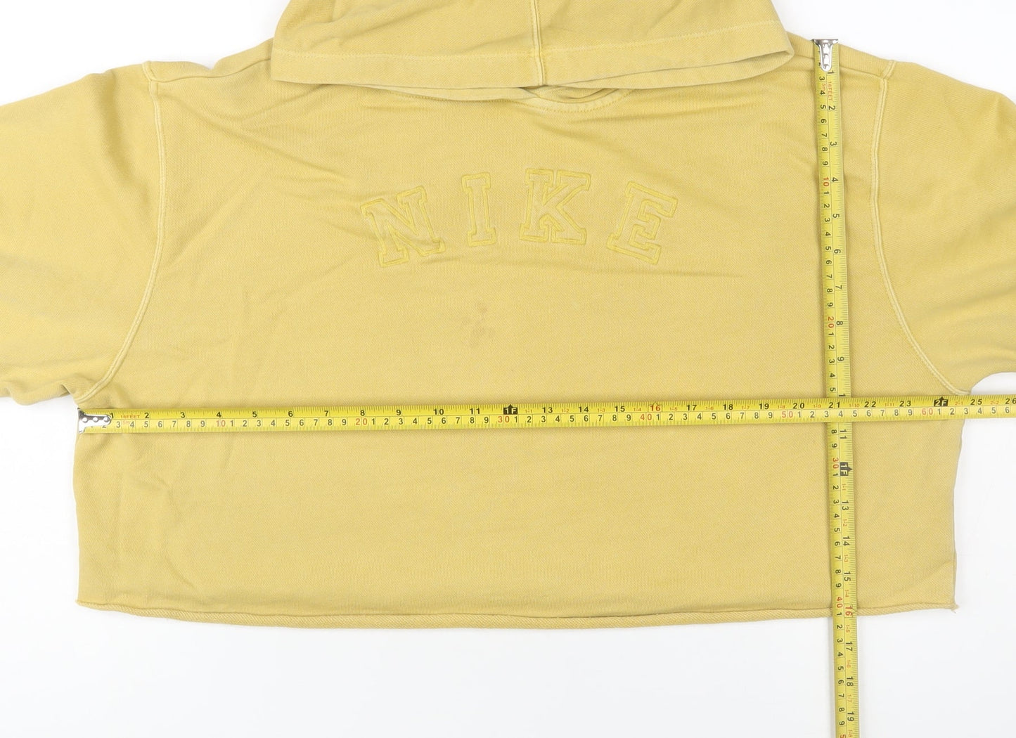 Nike Women’s Beige Cropped Pullover Hoodie L Embroidered Logo Cotton Blend