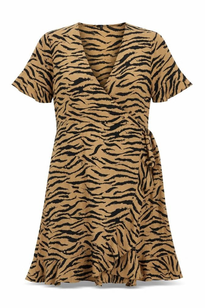 Vero Moda Women Brown Animal Print Wrap Dress XL Ruffle Hem