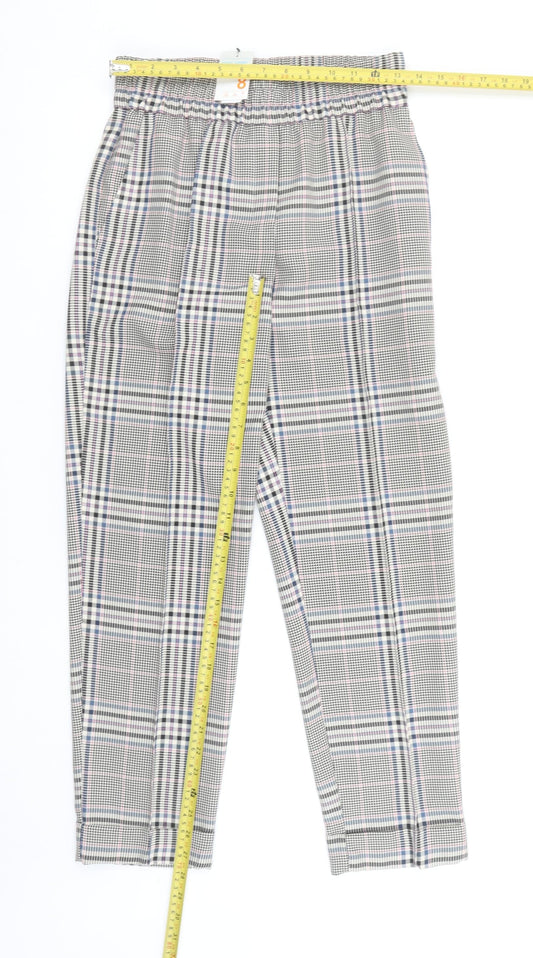 Primark Women Grey Check Tapered Trousers Size 8 Elastic Waist
