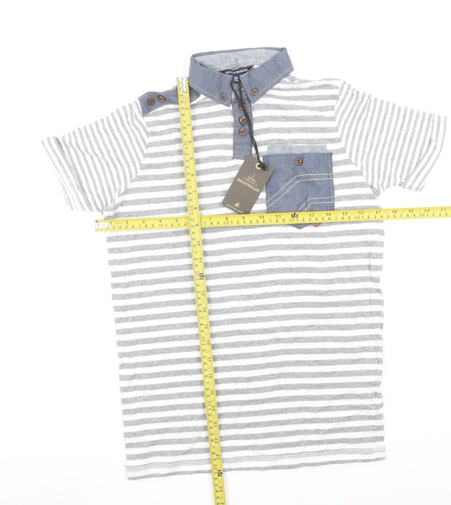 Industrialize Men's Grey Striped Button Collar Polo Shirt XS