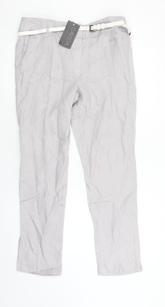Savida Womens Grey Linen Chino Trousers Size 12 Belted Lightweight