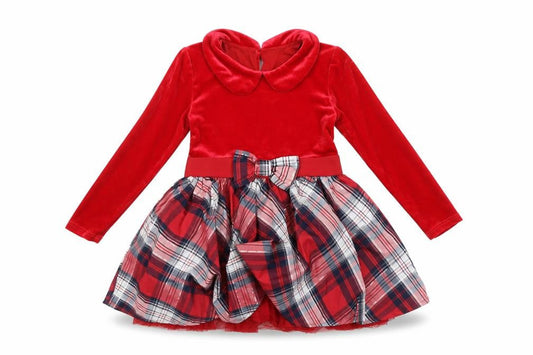 Dunnes Girls Red Velvet Check Bow Fit & Flare Christmas Dress 18-24 Months