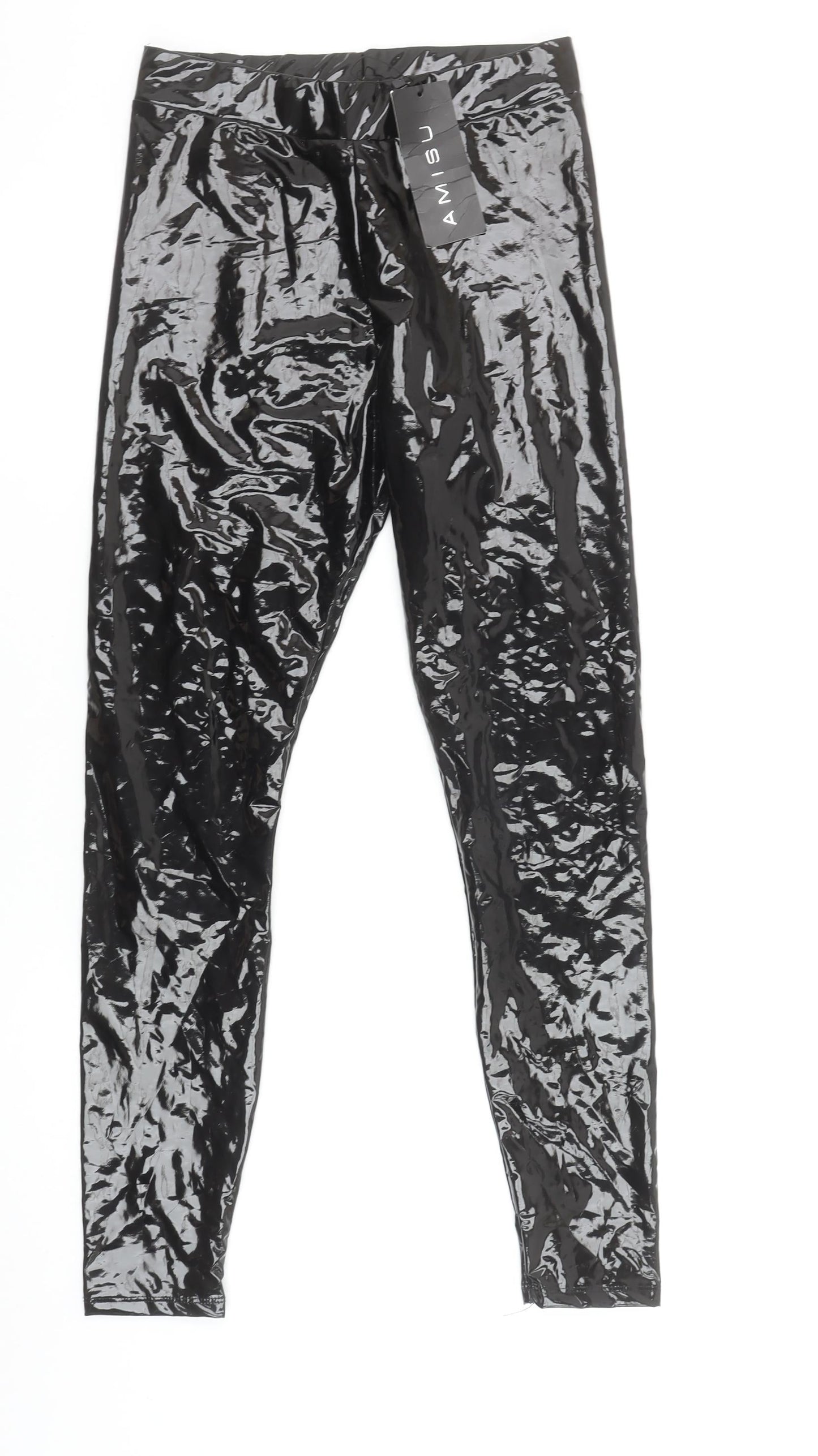 Amisu Women Black Patent Look Ankle Leggings M Polyester Blend