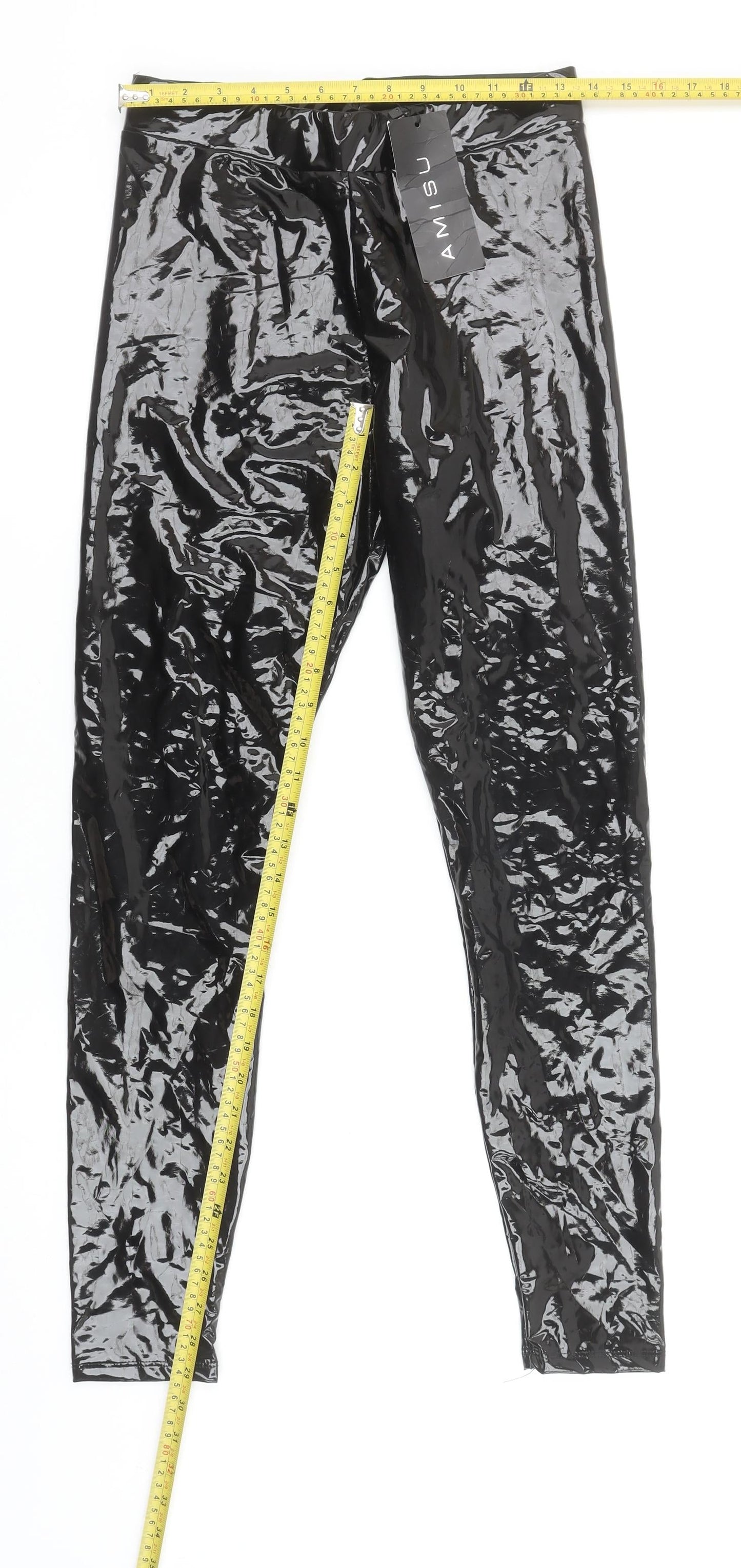 Amisu Women Black Patent Look Ankle Leggings M Polyester Blend