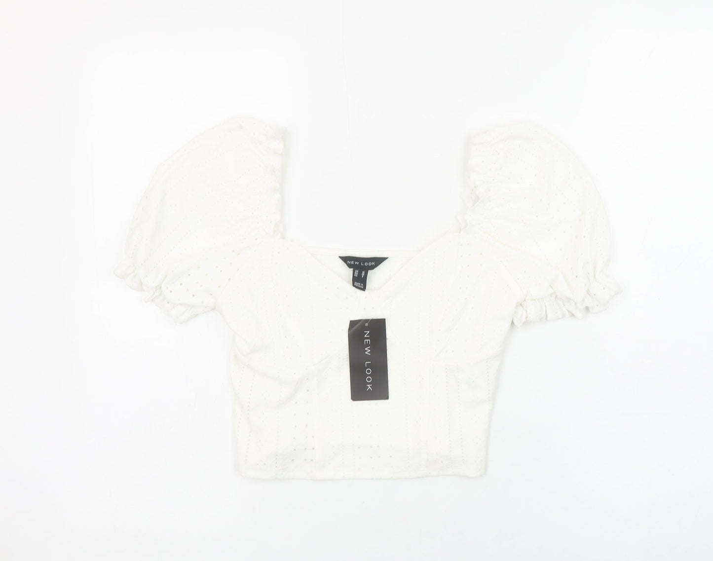 New Look Women's White Puff Sleeve Cropped Blouse Size 10