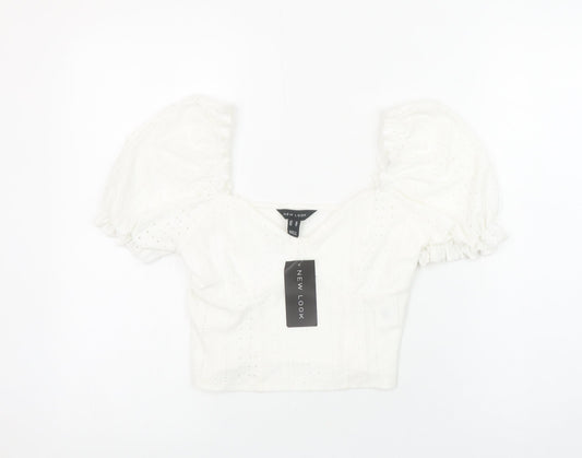 New Look Women's White Puff Sleeve Cropped Blouse Size 10