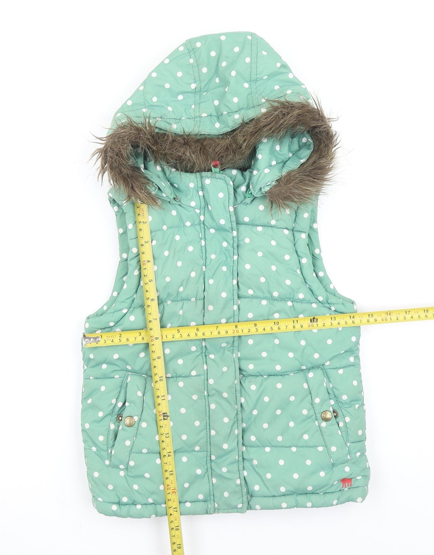 Mini Boden Girls Green Polka Dot Hooded Puffer Gilet 5-6 Years