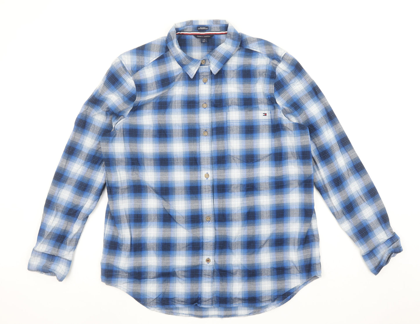 Tommy Hilfiger Women Blue Check Button-Up Shirt Size L Relaxed Fit Cotton Blend