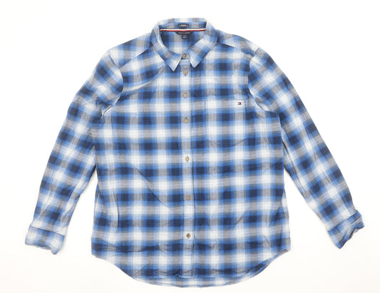 Tommy Hilfiger Women Blue Check Button-Up Shirt Size L Relaxed Fit Cotton Blend