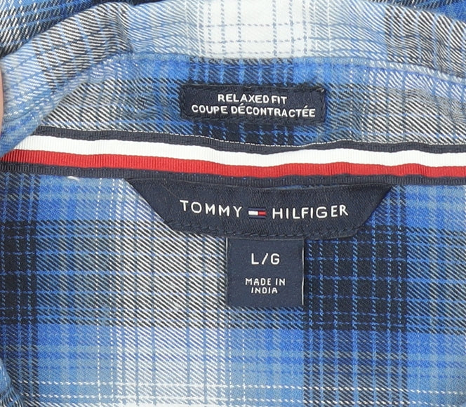 Tommy Hilfiger Women Blue Check Button-Up Shirt Size L Relaxed Fit Cotton Blend