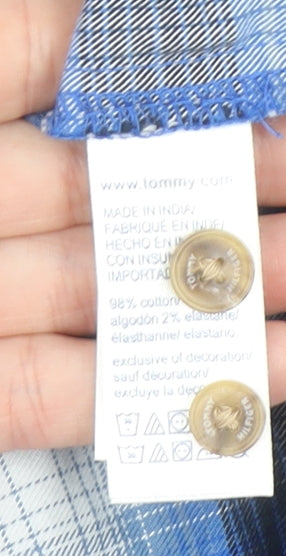 Tommy Hilfiger Women Blue Check Button-Up Shirt Size L Relaxed Fit Cotton Blend