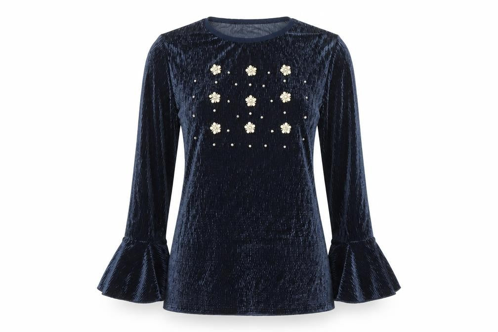 Paco Boutique Women Blue Velvet Beaded Bell Sleeve Tunic Blouse Size 14