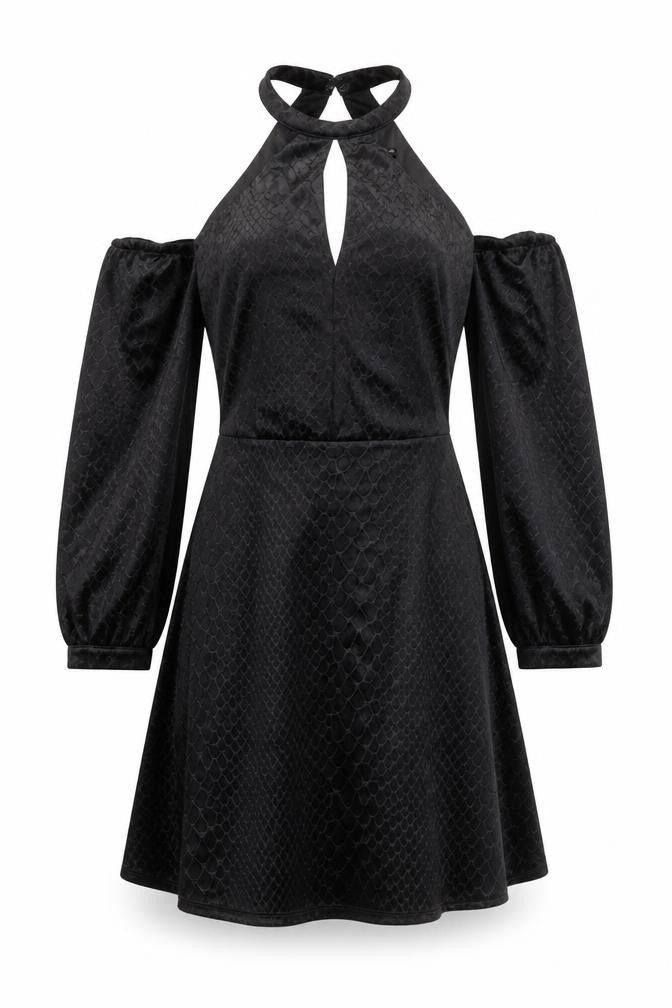 River Island Women’s Black Velvet Cold Shoulder A-Line Halter Dress Size 8