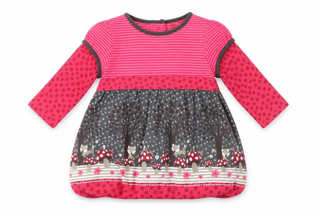 Front view of Sprout girls’ pink long sleeve a-line dress size newborn woodland print