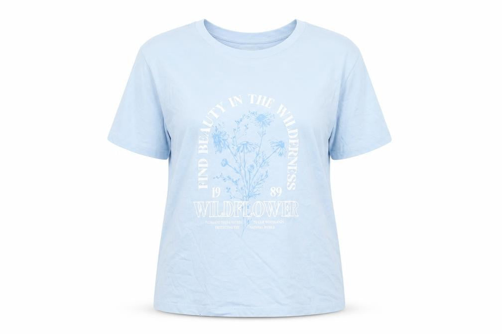 Front view of Dunnes Women Blue Graphic Wildflower Cotton T-Shirt, size L