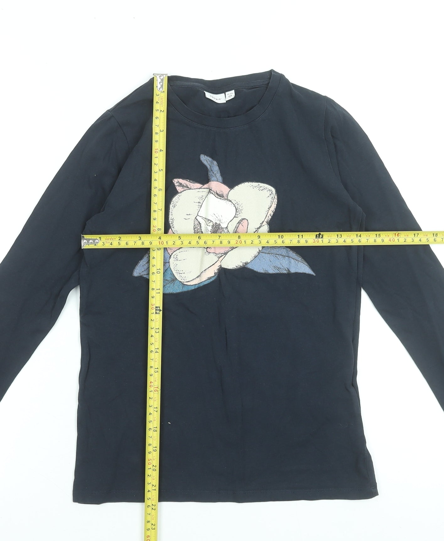 Name It Girls Black Long Sleeve Cotton T-Shirt 11-12 Years Floral Graphic