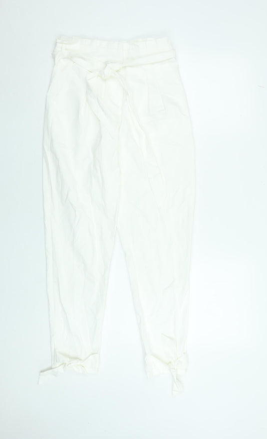 SBetro Women's White Paperbag Belted Cotton Trousers Size S