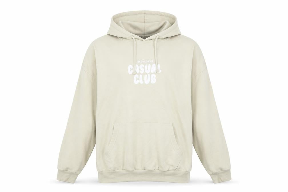Front view of Dunnes Women Beige Pullover Hoodie Large Casual Club Print