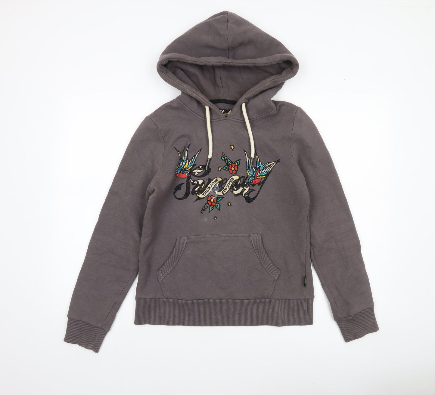 Superdry Women’s Grey Pullover Hoodie UK 8 Embroidered Graphic Cotton Blend