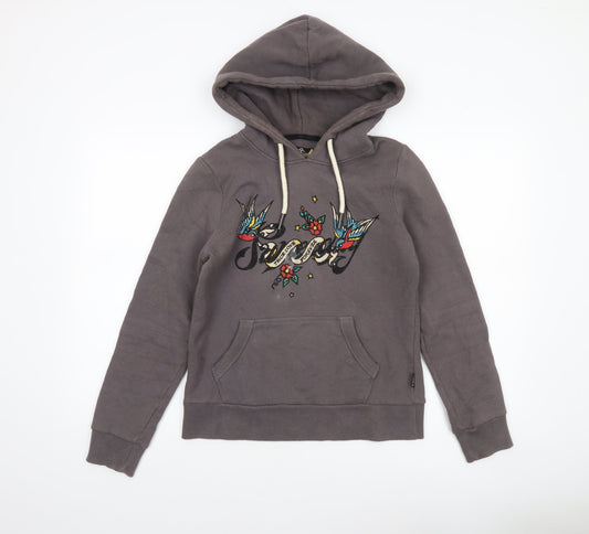 Superdry Women’s Grey Pullover Hoodie UK 8 Embroidered Graphic Cotton Blend