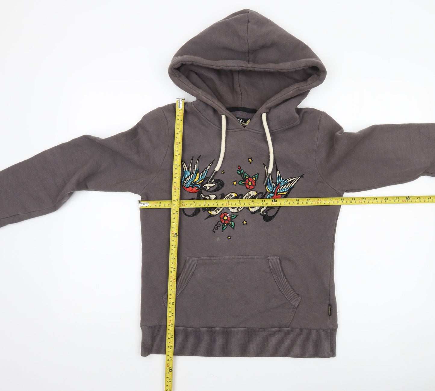 Superdry Women’s Grey Pullover Hoodie UK 8 Embroidered Graphic Cotton Blend