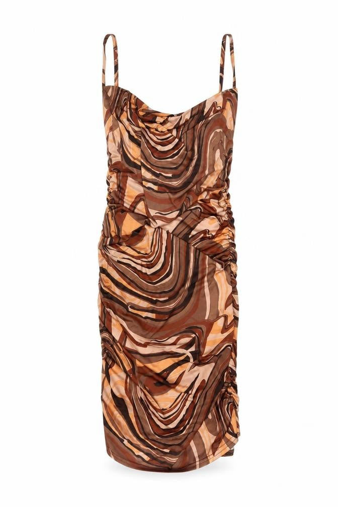PrettyLittleThing Women’s Brown Geometric Ruched Bodycon Dress UK 10