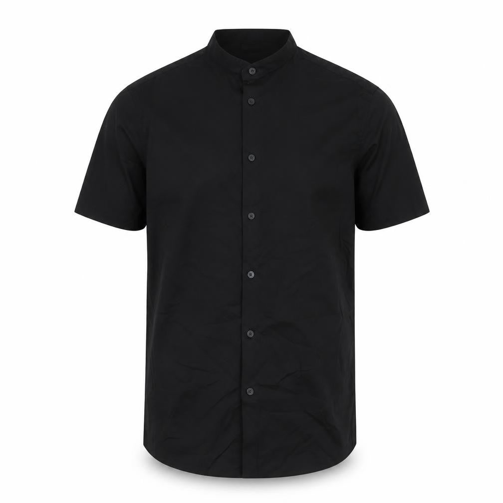 Front view of ASOS Men’s Black Slim Fit Short Sleeve Band Collar Button-Up Shirt Medium