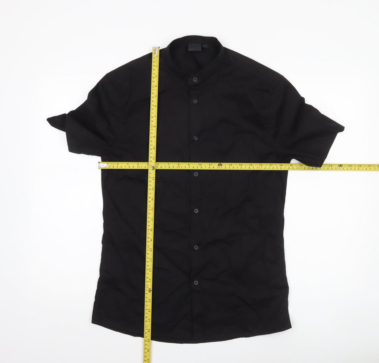 ASOS Men’s Black Slim Fit Short Sleeve Band Collar Button-Up Shirt Medium