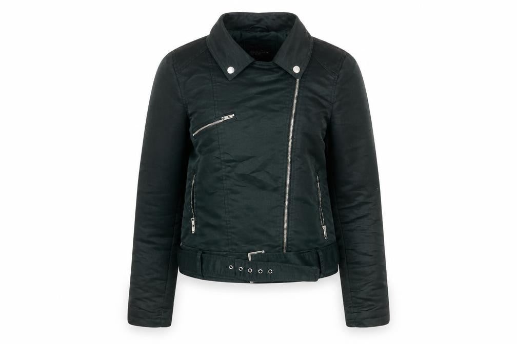 ONKO Women Black Size 10 Biker Jacket with Belted Zip Design