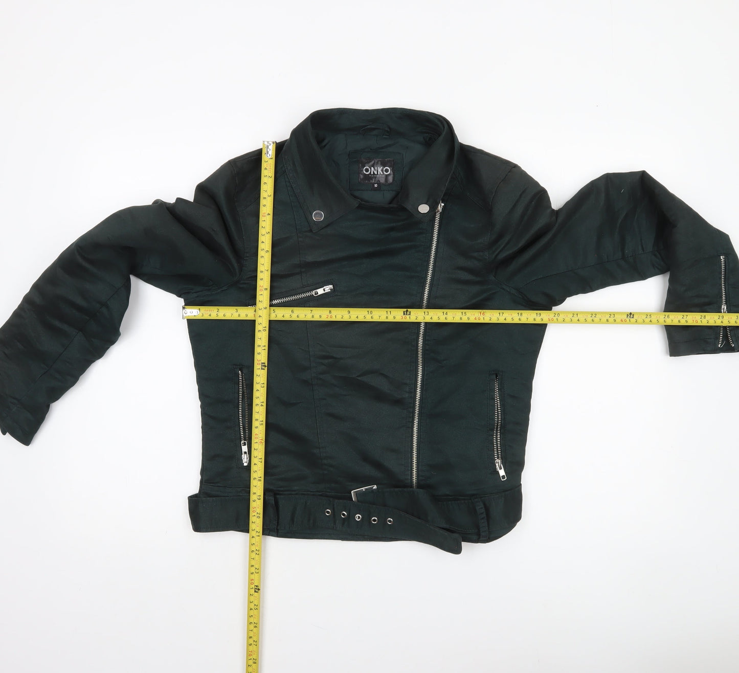 ONKO Women Black Size 10 Biker Jacket with Belted Zip Design