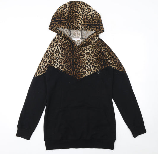 Chic and Discreet Womens Black Leopard Print Hooded Pullover Hoodie Size S