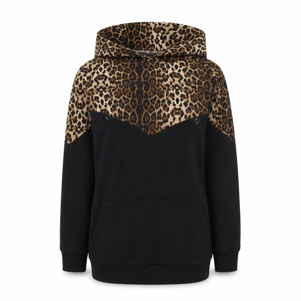 Chic and Discreet Womens Black Leopard Print Hooded Pullover Hoodie Size S