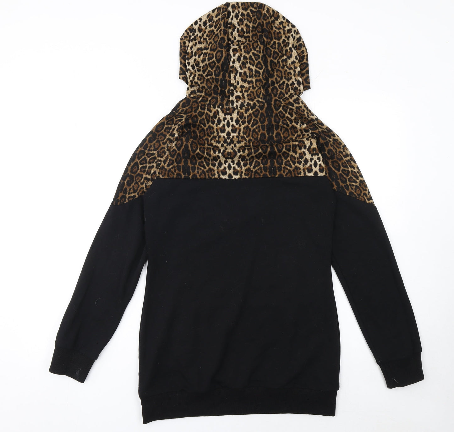 Chic and Discreet Womens Black Leopard Print Hooded Pullover Hoodie Size S