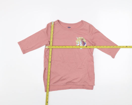 Old Navy Girls Pink Sequin Unicorn 3/4 Sleeve Cotton T-Shirt Size 6-7 Years