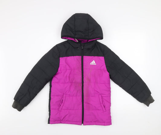 Adidas Girls Black & Pink Hooded Puffer Jacket 9-10 Years