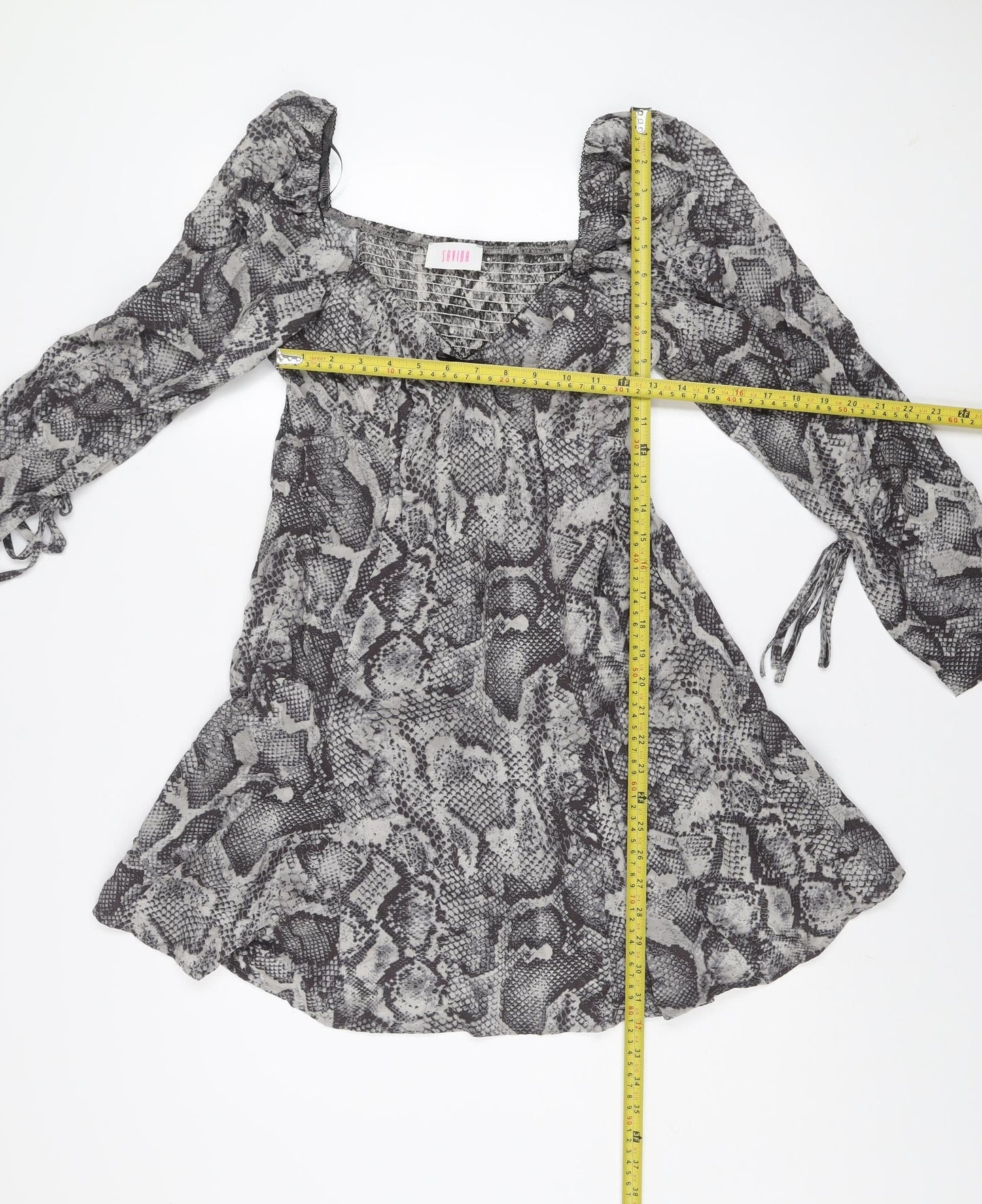 Savida Women Grey Snake Print Mini Dress Size 12 Long Sleeve Ruched