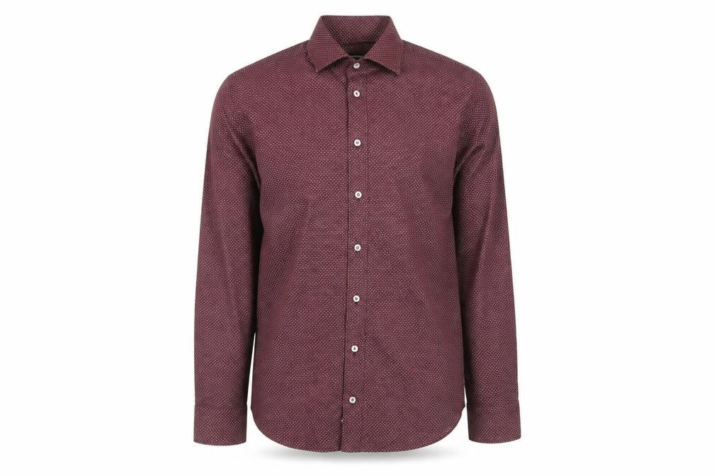 Bugatti Men's Red Geometric Long Sleeve Cotton Dress Shirt M 39/40
