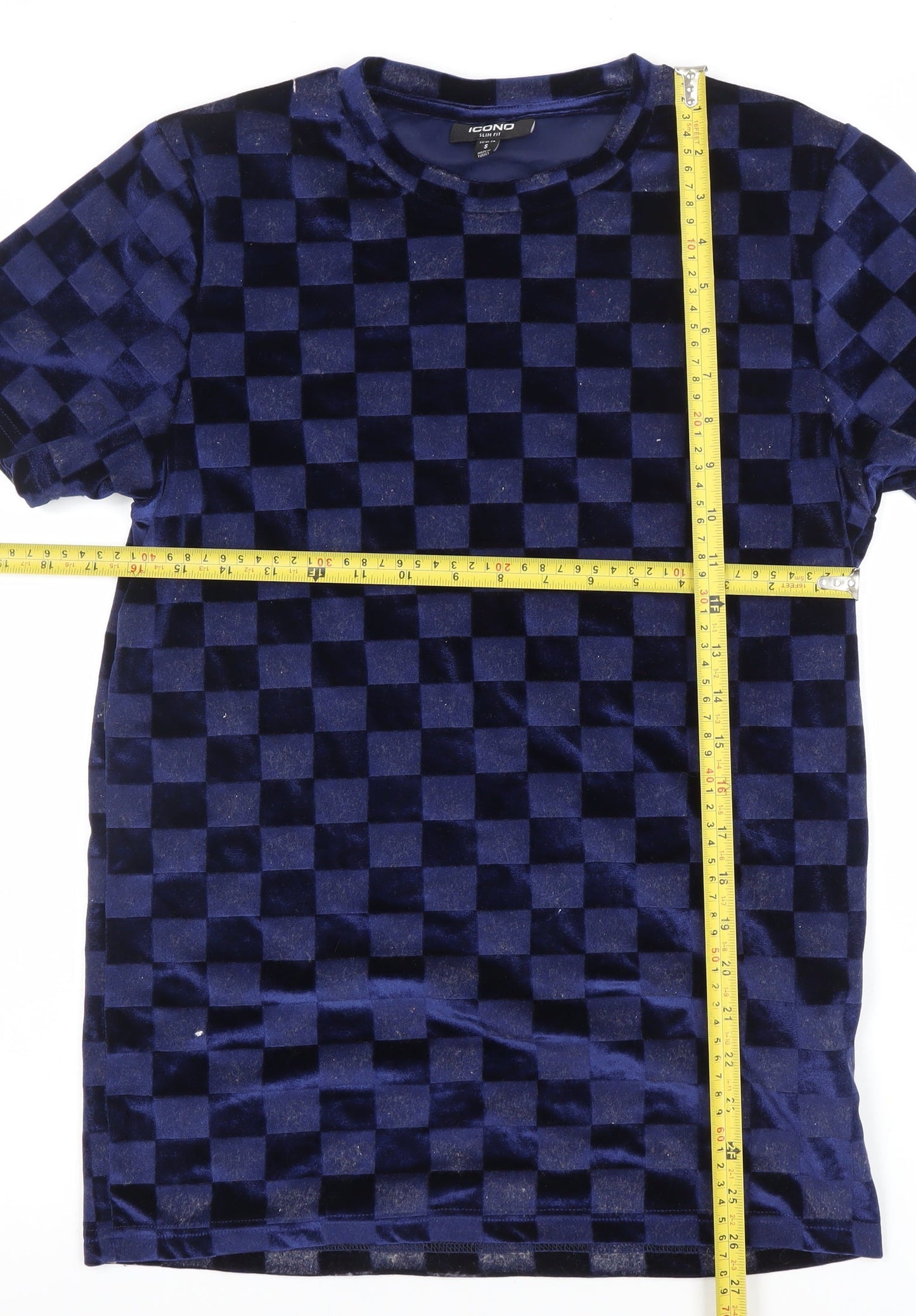 ICONO Men's Blue Check Slim Fit Velvet T-Shirt Size S