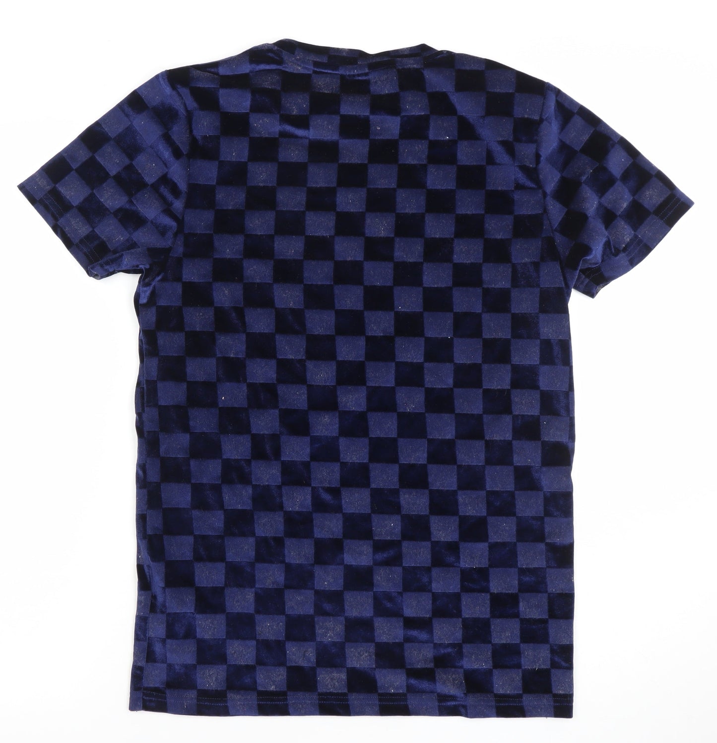ICONO Men's Blue Check Slim Fit Velvet T-Shirt Size S