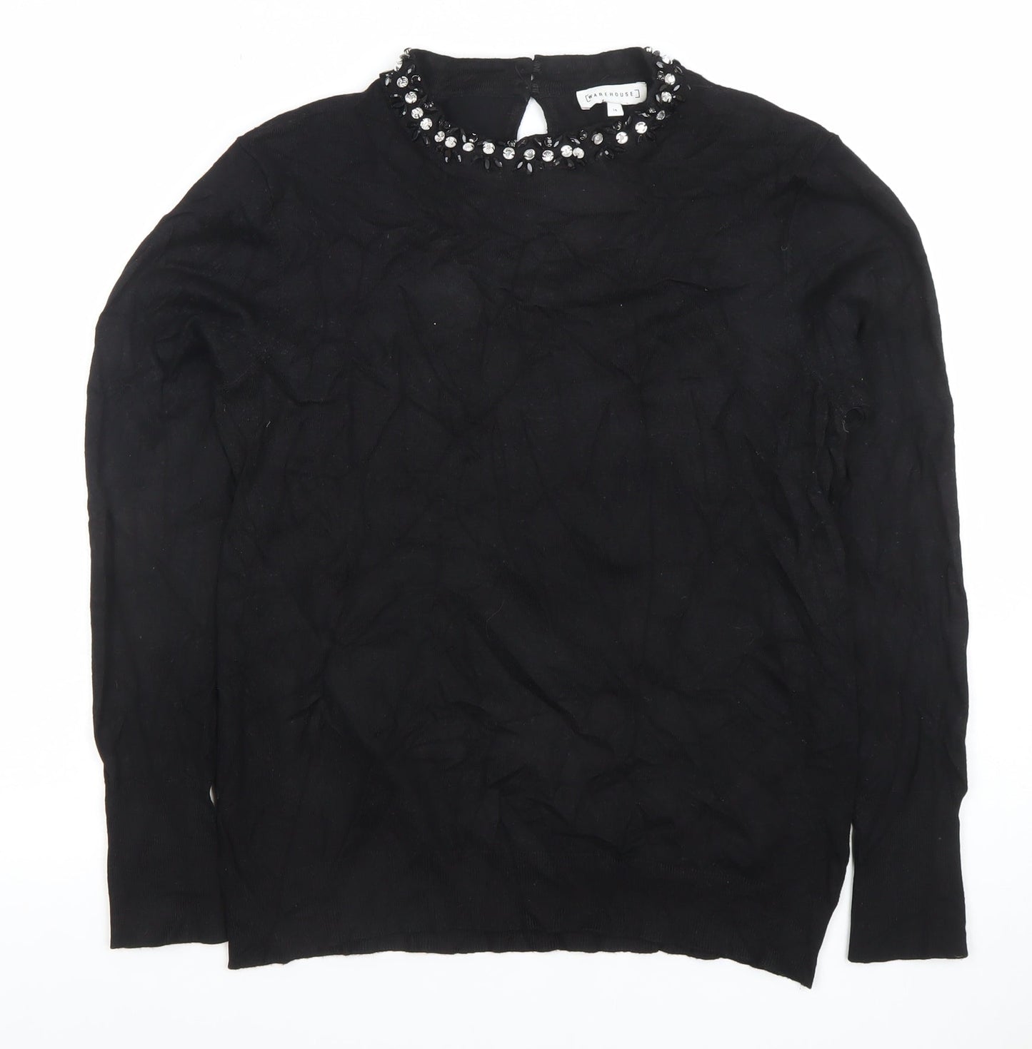 Warehouse Women’s Black Beaded Crew Neck Long Sleeve Blouse Size 14