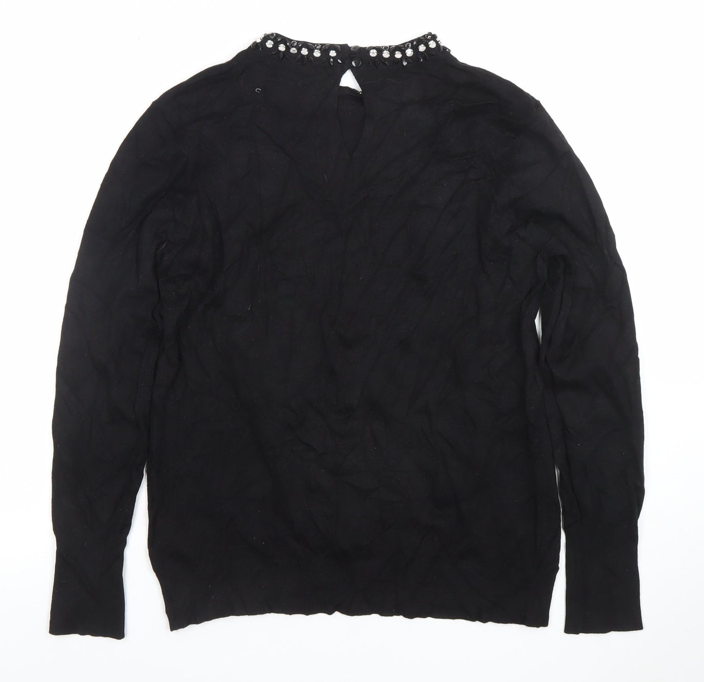 Warehouse Women’s Black Beaded Crew Neck Long Sleeve Blouse Size 14