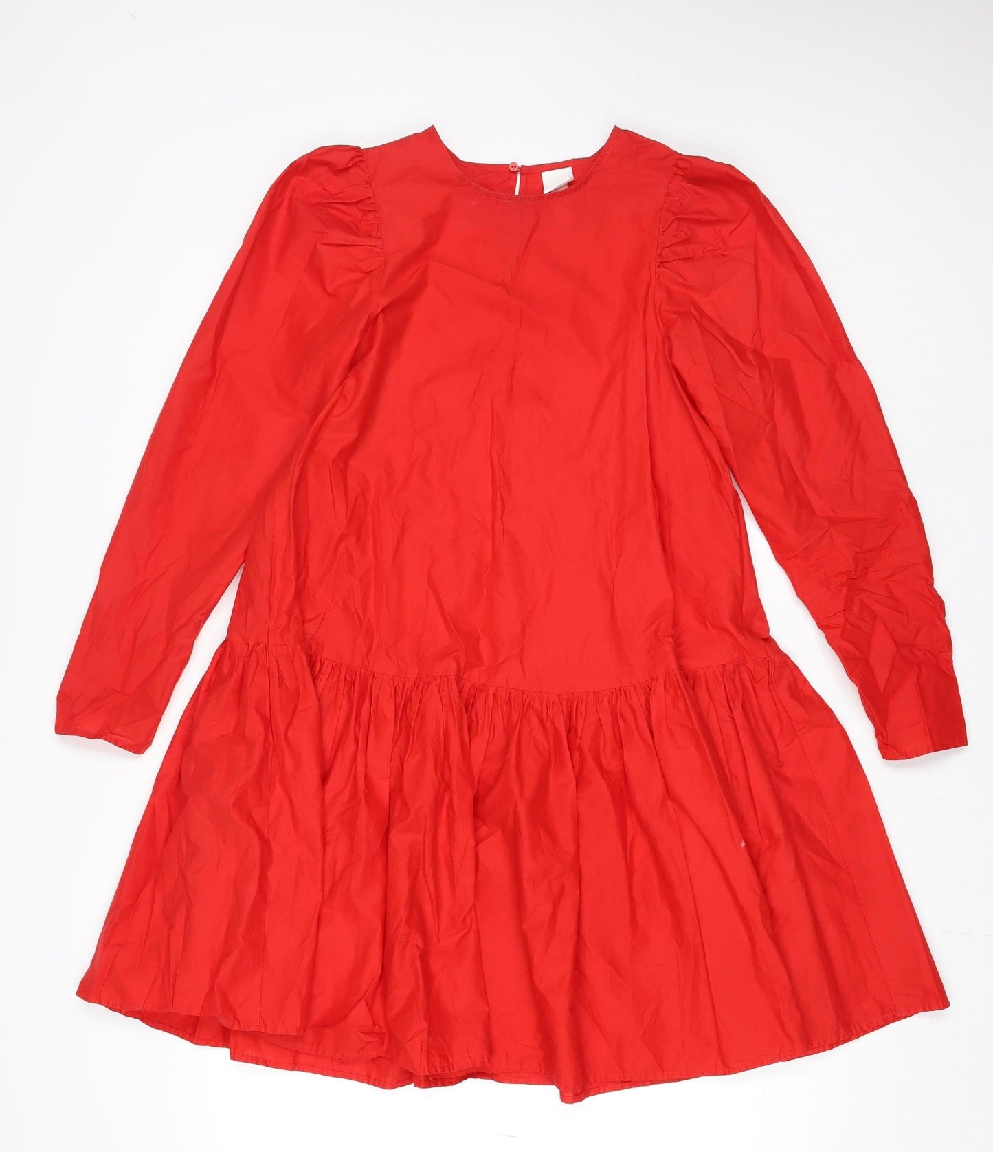 H&M Women Red Cotton Swing Dress Size 10 Long Sleeve Casual