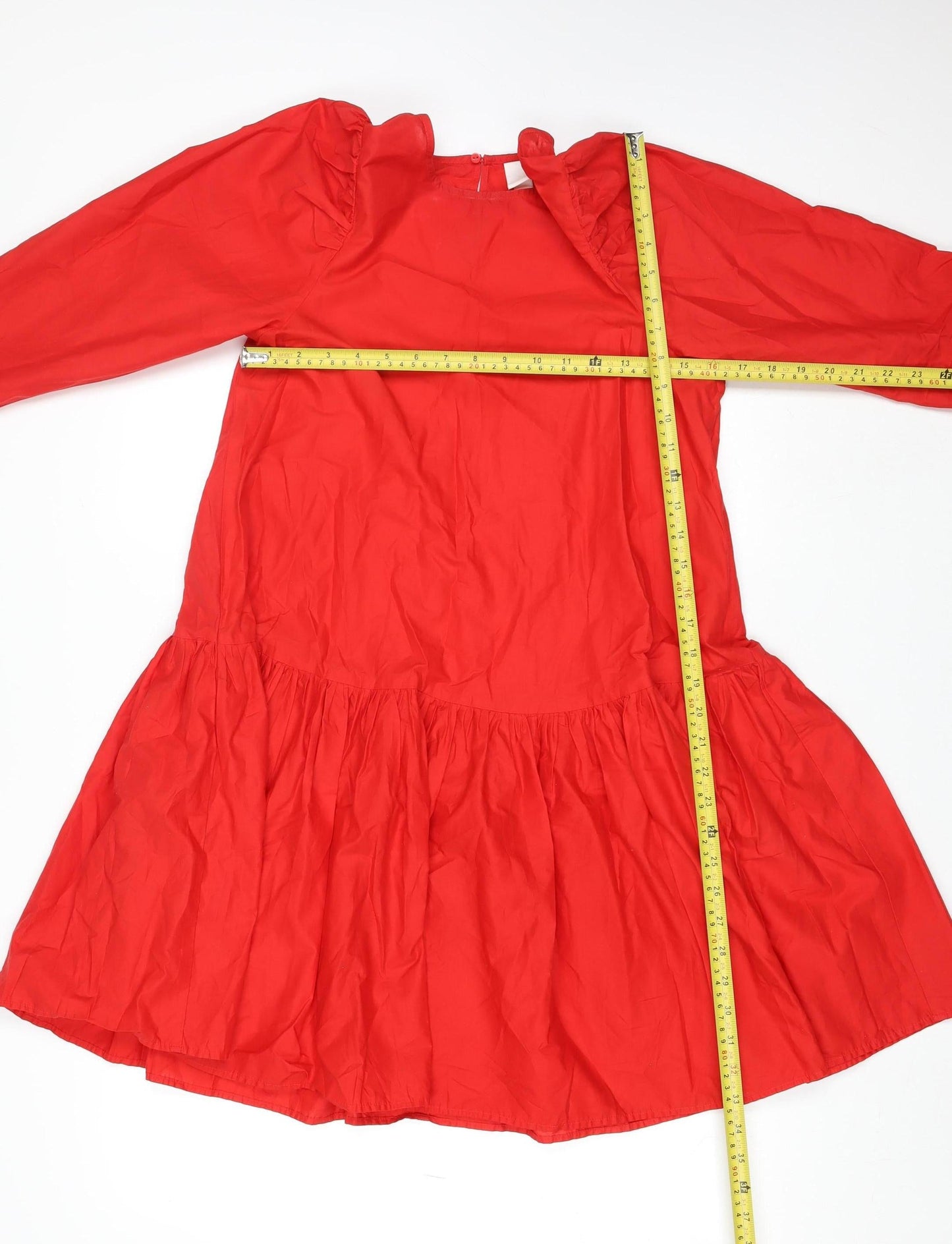 H&M Women Red Cotton Swing Dress Size 10 Long Sleeve Casual