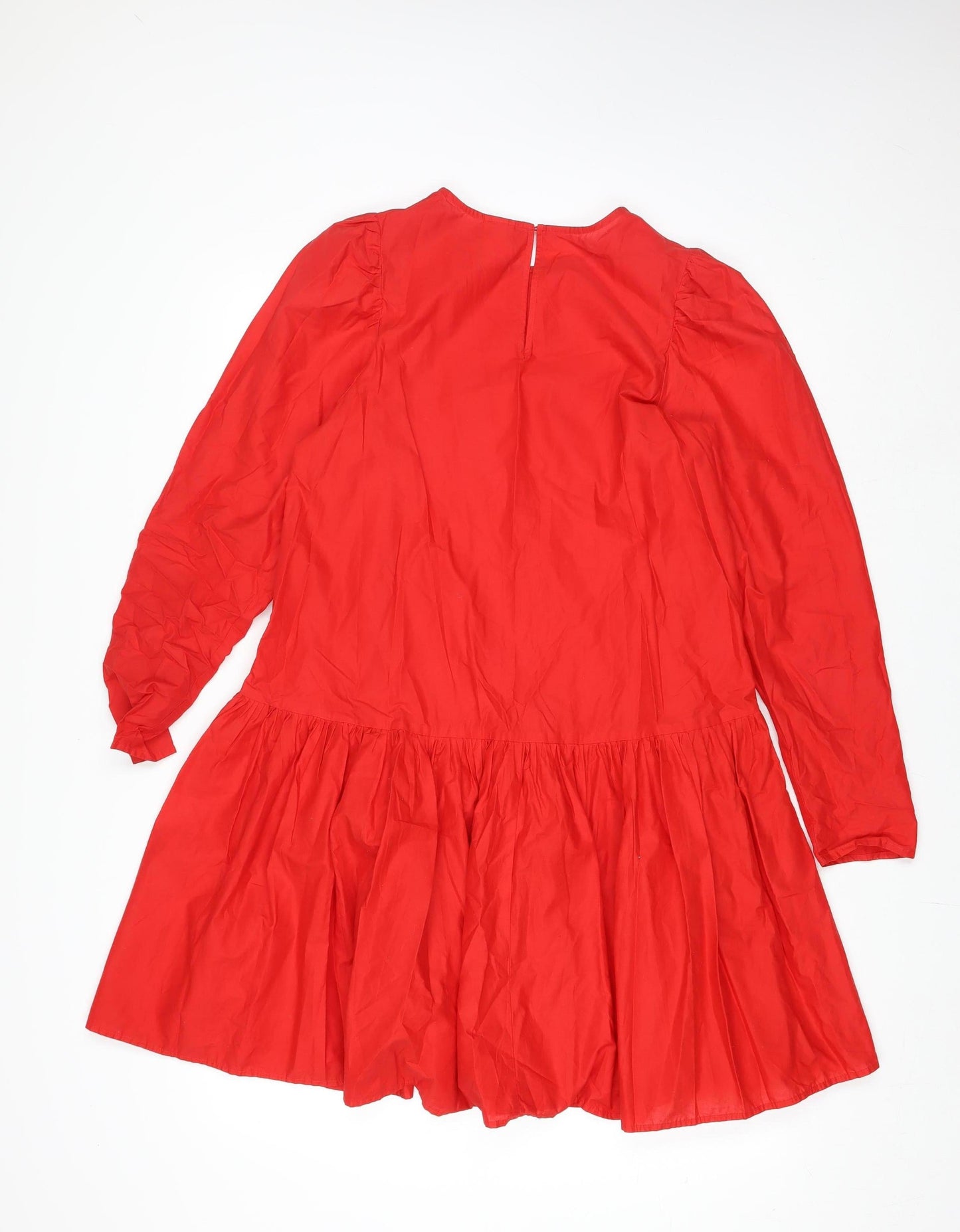 H&M Women Red Cotton Swing Dress Size 10 Long Sleeve Casual