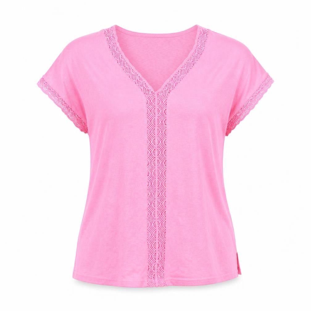 Dunnes Women's Pink V-Neck Crochet Trim T-Shirt Size M