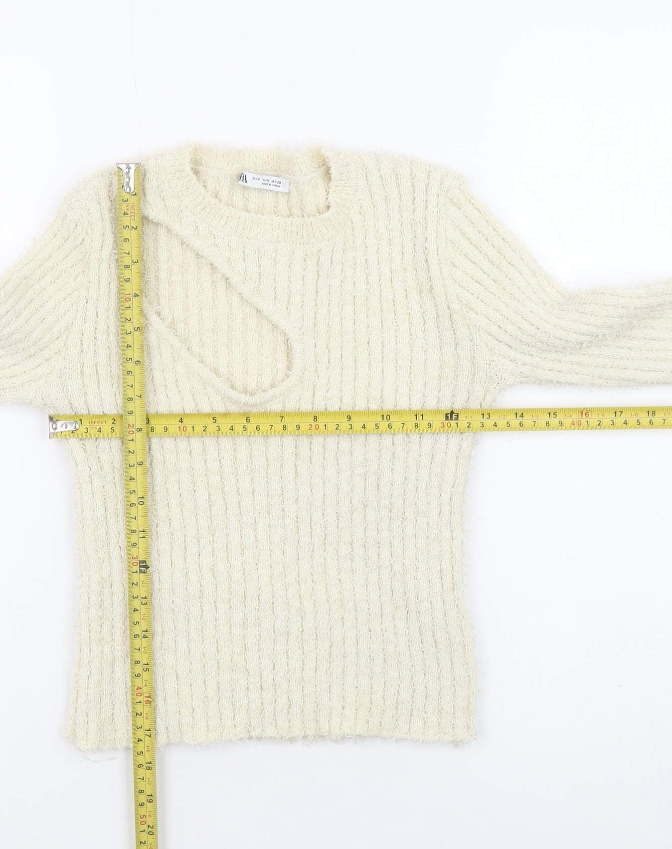 Zara Women Ivory Ribbed Knit Cut Out Pullover Jumper Size 12